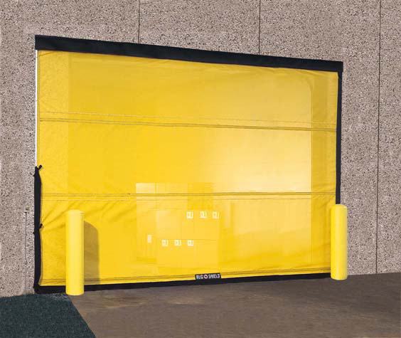 Yellow mesh screen door at a loading dock opening