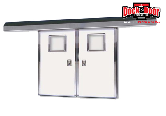 Telescoping bi-parting fiberglass double door with a header track
