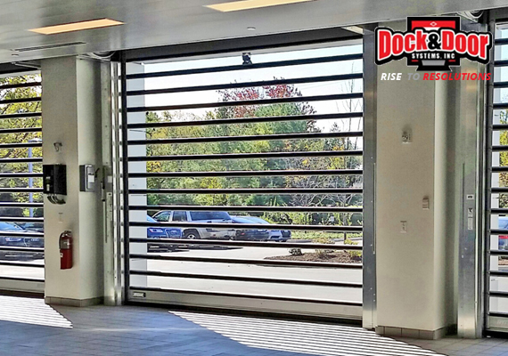 High-performance spiral door open at a building entrance